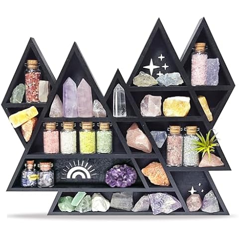 FNYDOX Mountain Crystal Shelf Display for Wall, Wooden Triangle Rock Gem Stone Storage Holder, Meditation Room Decor Spiritual Gift, Wall Hanging Organizer for Trinkets, Knick Knacks, Art Collections Cover