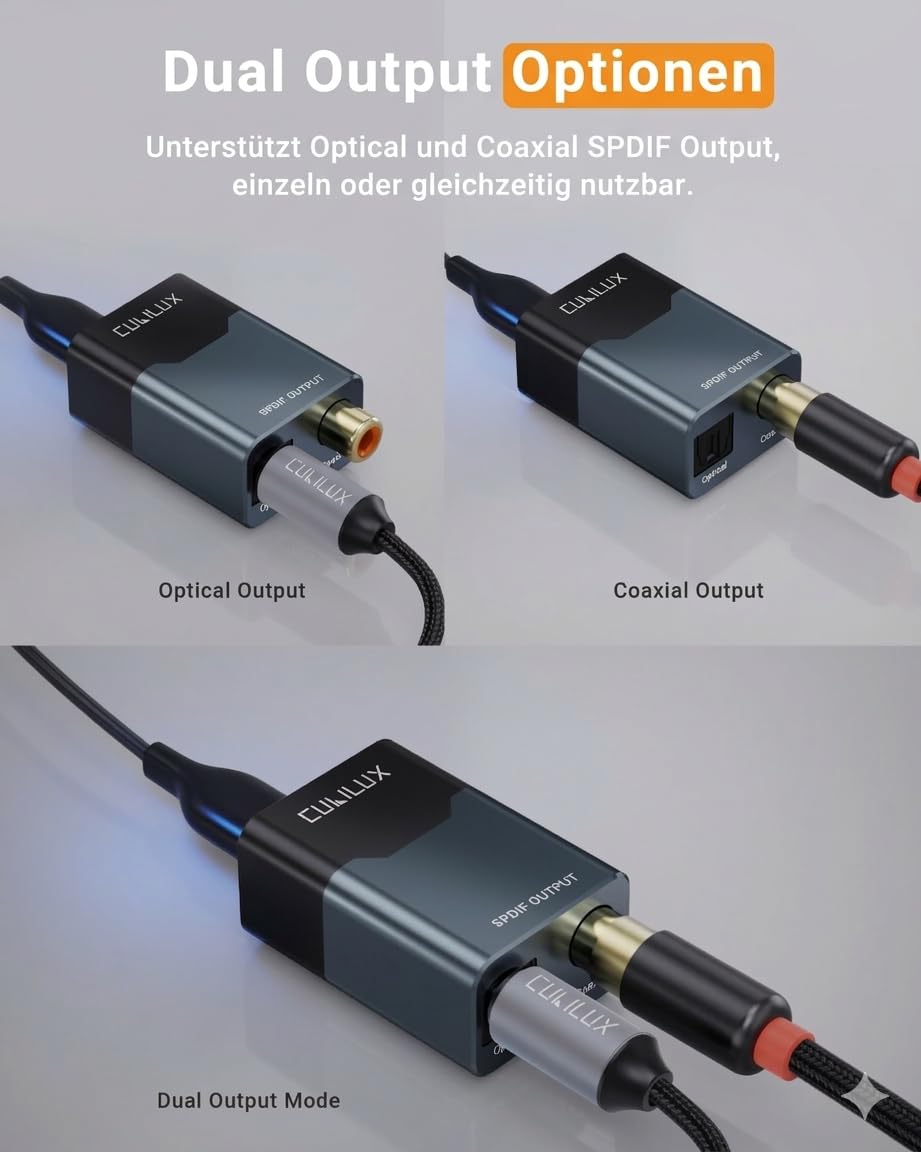 Cubilux USB C/A zu Optisch und Koaxial SPDIF Audio Adapter, 192 kHz 24 Bit PCM, Stereo und 5.1 Passthrough Digitalausgang, TOSLINK und Koax Dual Port, Plug and Play (Gray)