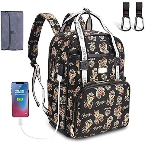 pipi bear Diaper Bag Backpack, Jacquard Diaper Backpack with Changing Pad and USB Charging Port, Stylish Baby Bag for Mom Dad, Black, One Size (HY-XX001) Cover