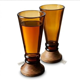 Mosa Amber Shot Glasses Set of 2 – 70ml Recycled Glass with Wooden Base | Eco-Friendly Upcycled Liquor Shot Cups for Whiskey, Vodka & Tequila | Handmade Rustic Barware Gift for Men & Women