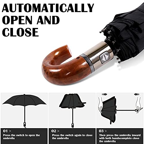 Dorriso Luxury Men Folding Umbrella Automatic Open Close Imitation Wood J-Handle Compact Business Windproof Travel Umbrella J-Handle Yellow #TOP5