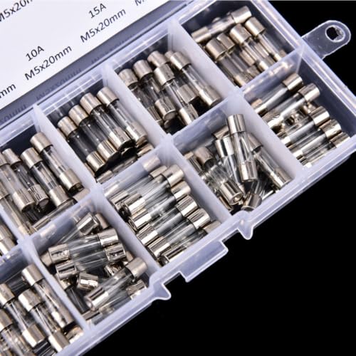 Garneck kit de fusibles tubo de vidrio 5x20mm 100 piezas con 10 valores de amperaje 0.2a-20a acción rápida para electrodomésticos y electrónicos en caja de plástico miniatura 3