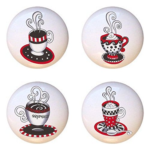 SET OF 4 KNOBS – Red and Black Espresso Cups – Coffee Tea Espresso – DECORATIVE Glossy CERAMIC Cupboard Cabinet PULLS Dresser Drawer KNOBS