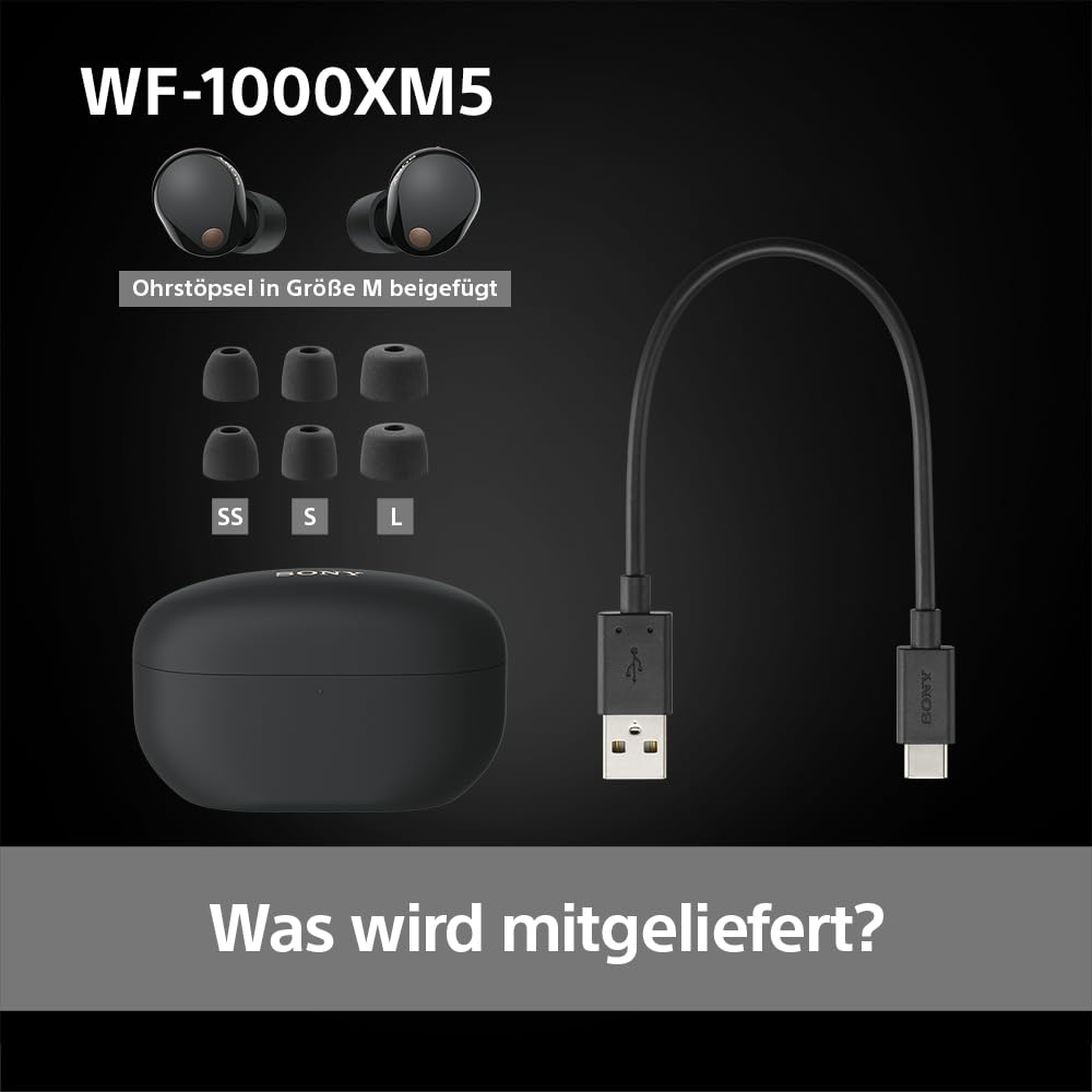Sony WF-1000XM5 Kabellose Noise Cancelling Kopfhörer, Bluetooth, In-Ear-Kopfhörer, Mikrofon, bis zu 24 Stunden Akkulaufzeit, Schnellladefunktion, IPX4, iOS & Android kompatibel - Schwarz, klein