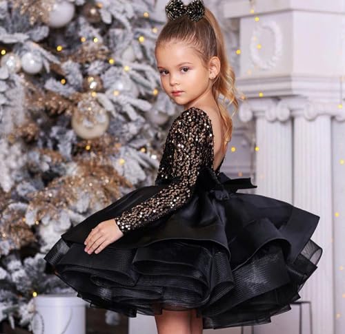 Short Mini Girl Pageant Dresses with Sequins Long Sleeve V-Neck Flower Girl Gowns3