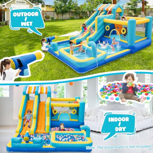SportBob Hüpfburg mit Wasserrutsche, 10 in 1 Aufblasbare Hüpfburg XXL mit Gebläse, Kletterwand, Springen, Wasserpistole, Splash Pool Basketballkorb für Kinder Outdoor Indoor, 465x380x230 cm