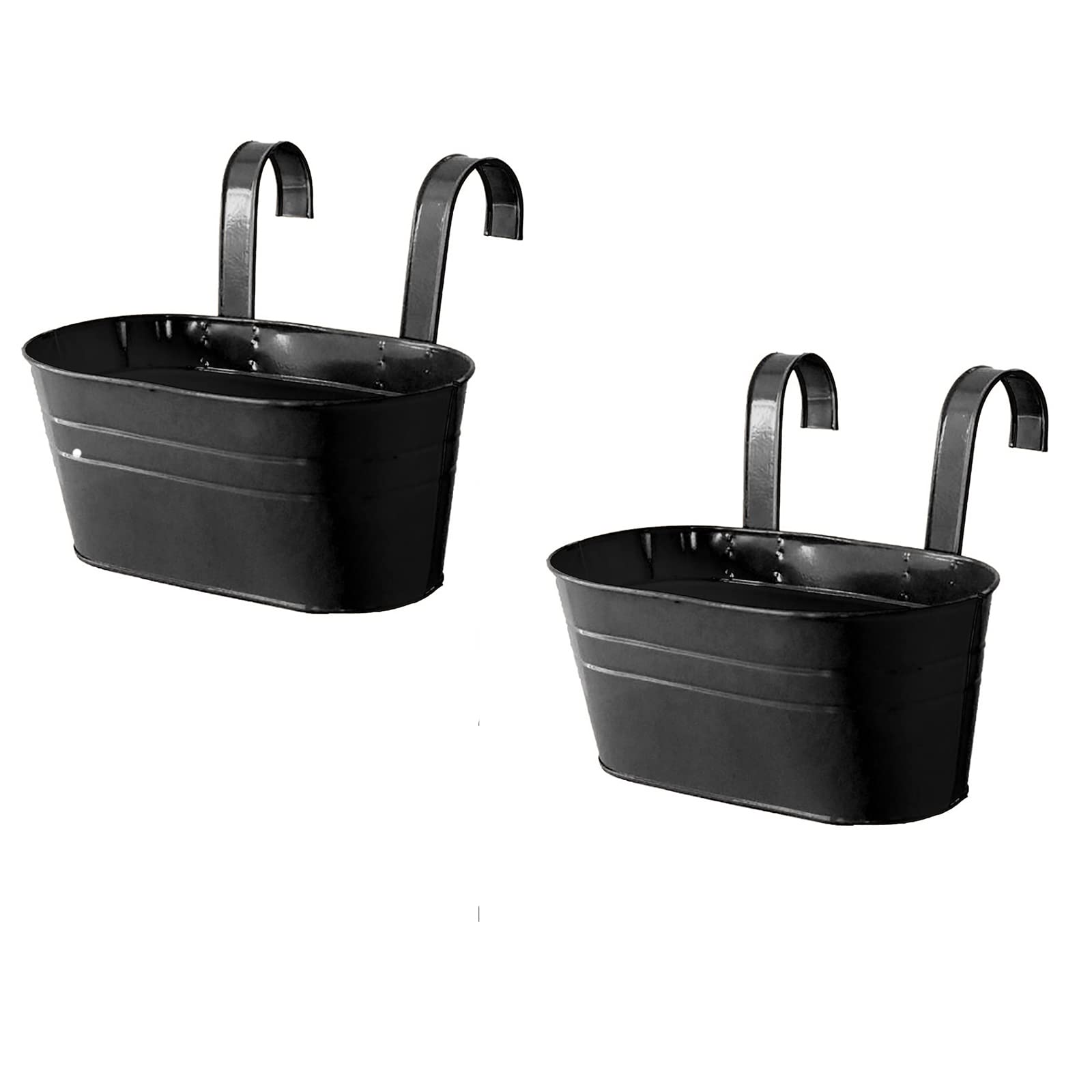 Jfbucf Black 2 Pcs Metal Hanging Flower Pots, Oval Railing Fence Hanging Bucket Pots Iron Planter With Detachable Hooks For Outdoor Garden Balcony Decor, 27X12cm