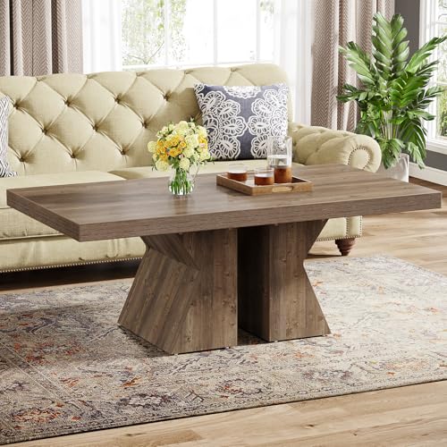 Tribesigns Wood Coffee Table 47 Inch Rectangular Center Table with Thick Wooden Base Farmhouse Wood Look Cocktail Table for Living Room Brown