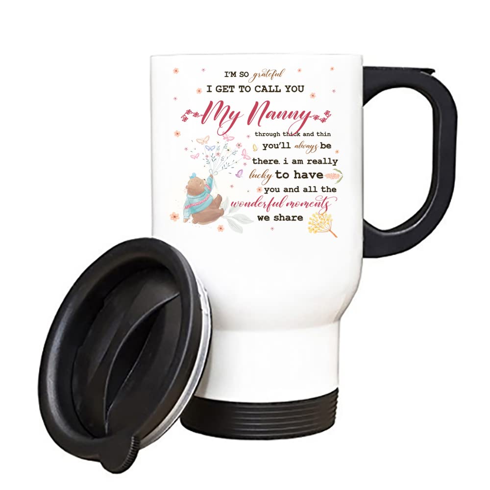 Getagift Mother's Day Gift, I'm So Greatful to Call You My Nanny, Gift for Women, Lady Gift for Birthday, Silver/White Insulated 14oz Travel Tea/Coffee Mug. (Nanny, White)