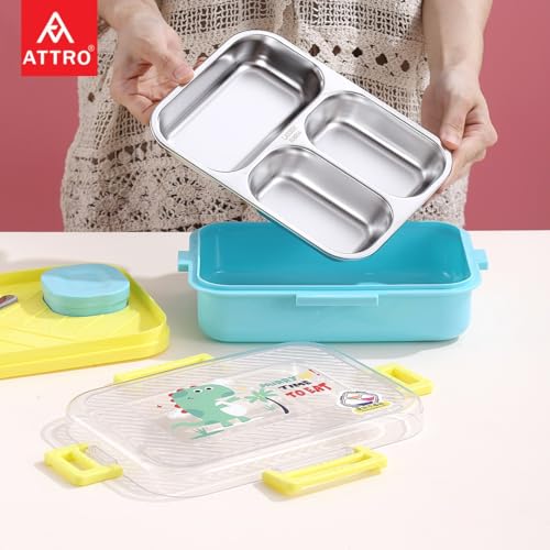 Image of ATTRO Monark Dinosaur Themed Kids Lunch Box with Inner Steel 3 Compartment 1 Small Container, Stainless Steel, 1 Spoon & Separate Internal Lid Leakproof- 750ml+70ml Yellow