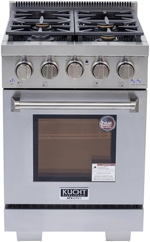 Pemberly Row 24" Propane Gas Range, Stainless Steel, True Simmer Burners, 4-Burner, 14,000 BTU Convection Oven, Electronic Ignition, Adjustable Shelves, Residential Kitchen Cooking Appliance