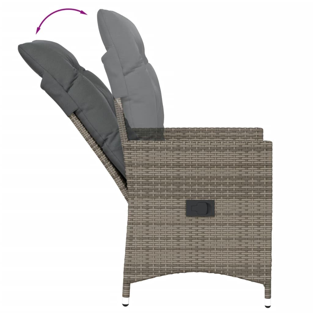 vidaXL Gartensessel mit Kissen 2 STK., Verstellbar Gartenstuhl mit Stahlrahmen, Loungesessel für Außenbereich, Relaxsessel Sthulset, Grau Poly Rattan