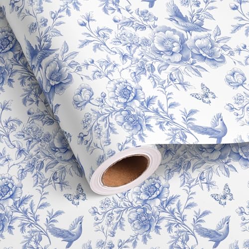 Vnaaem Blue FLoral Wrapping Paper Roll - Toile White & Blue Flower Bird Butterfly Design Gift Wrap for Spring Holiday Birthday Wedding Party Bridal Shower Mothers Day(Total 28.5 sq.ft)