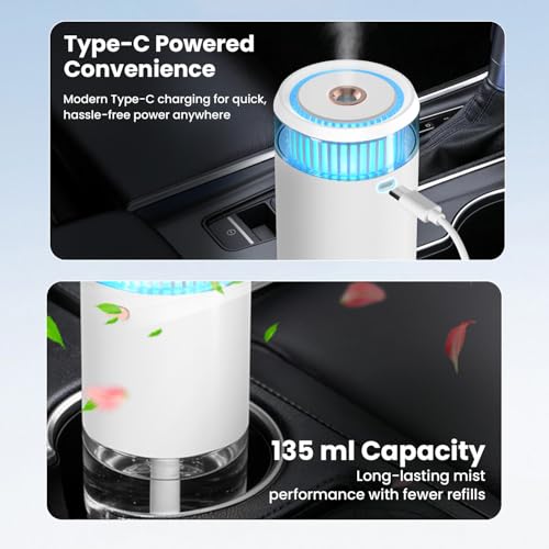 Image of Portronics Magma Go 2-in-1 Portable Ultrasonic Aroma Diffuser & Humidifier, 135ml Capacity, Type-C Powered, 4 Mist Modes, LED Ambient Light, Mini Essential Oil Diffuser for Car, Desk & Bedroom