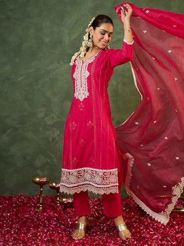 Image of INDO ERA Women's Silk Blend Ethnic Motifs Embroidered Straight Kurta & Pant with Dupatta Set (RRSTR10158)