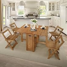 SECONIQUE Santos Butterfly Folding Dining Table Set with 4 Chairs Space-Saving Table with Nesting Chairs and Storage Shelf Rustic Pine Finish