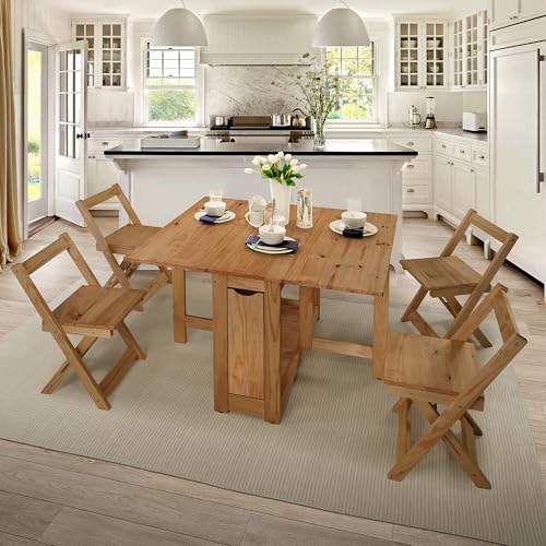 SECONIQUE Santos Butterfly Dining Set – 4 Assembled Foldable Chairs + 1 Folding Table – Space-Saving Table with Nesting Chairs - Compact and Easy to Assemble – Rustic Pine Wood