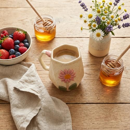 Image of Handmade Ceramic Mug 3D Daisy Flower Design Coffee Tea Cup 240 ml Gift for Coffee Lovers Kitchen Decor (Pink /Light Blue /Yellow /Grey) (Creamish Yellow /Off-White)