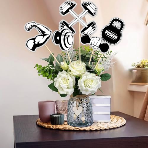 Image of Gym Workout Theme Centerpiece Sticks,Biceps Dumbbells Kettlebells Abodominal Wheels Bodybuilding Table Toppers,Baby Shower Party Supplies Black.Set of 15