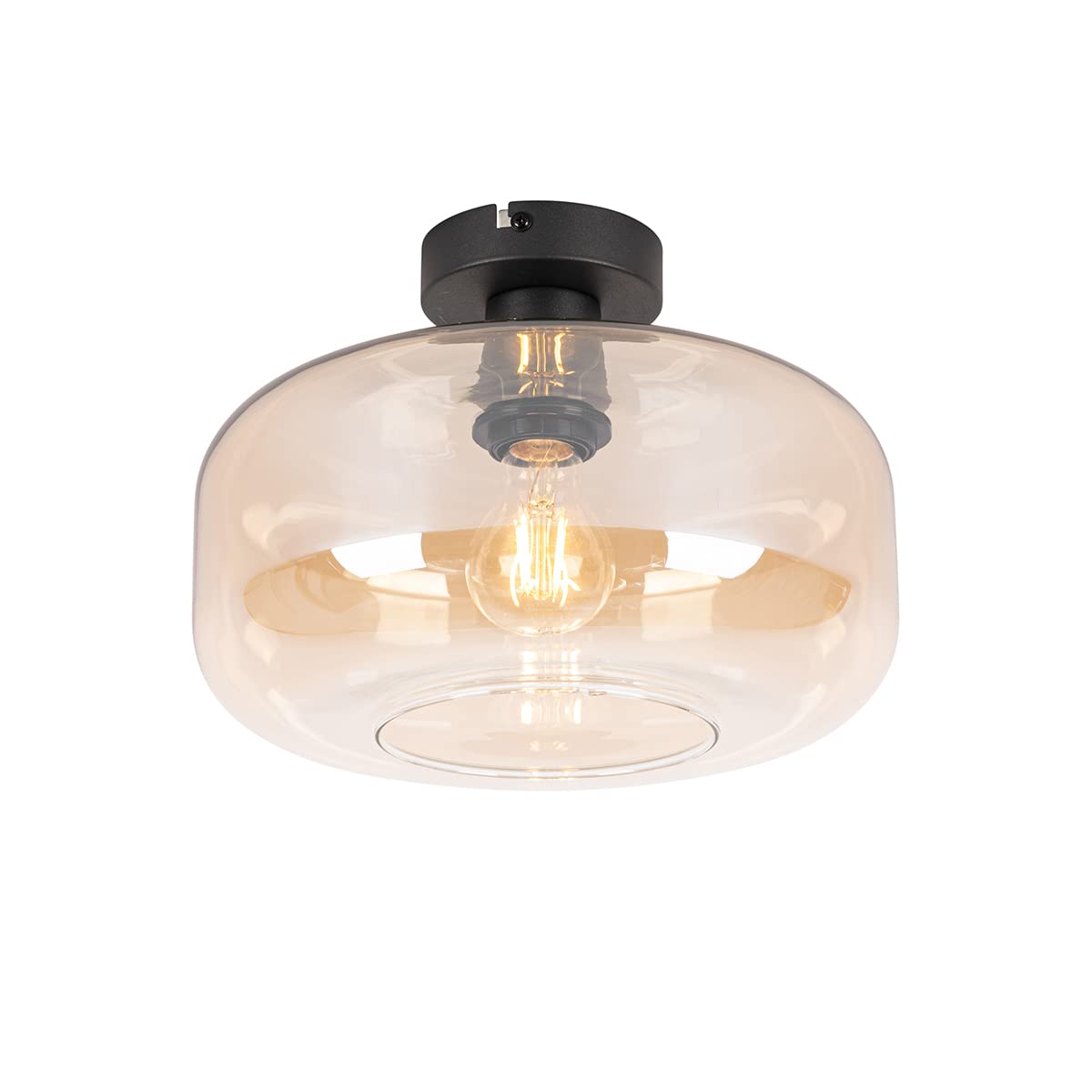 Qazqa Black With Amber Crystal - Art Deco Ceiling Light Black With Amber Glass - Bizle - Art Deco - Suitable For Led E27 | 1 Light - Glass Flush Ceiling Light - Suitable For Living Room I Kitchen I Bedroom I