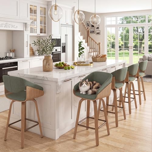 Image of HNY 26'' Modern Barrel Swivel Counter Stools Counter Height Swivel Bar Stools with Backs Set of 6, Green Linen Bar Height stools, Square Footrest, Farmhouse Solid Wood Barstools for Kitchen Island