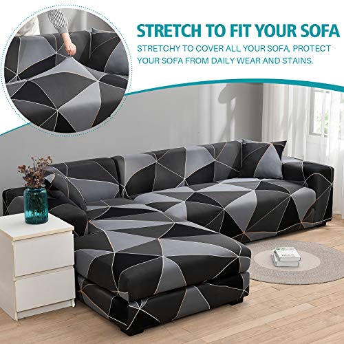 Mifxin Sectional Sofa Cover 2 Piece Stretch 3 Seat L Shape Couch Slipcovers Elastic Printed Sectional Sofa Furniture Protector For Living Room With 4Pcs Pillow Covers (Black Gray) #TOP4