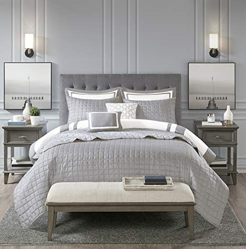 Image of Madison Park Heritage Comforter Quilt Combo Set - Modern Luxury Design, All Season Down Alternative Bedding, Matching Shams, Decorative Pillows, Full /Queen(90 inchx90 inch), Color Block Grey 8 Piece