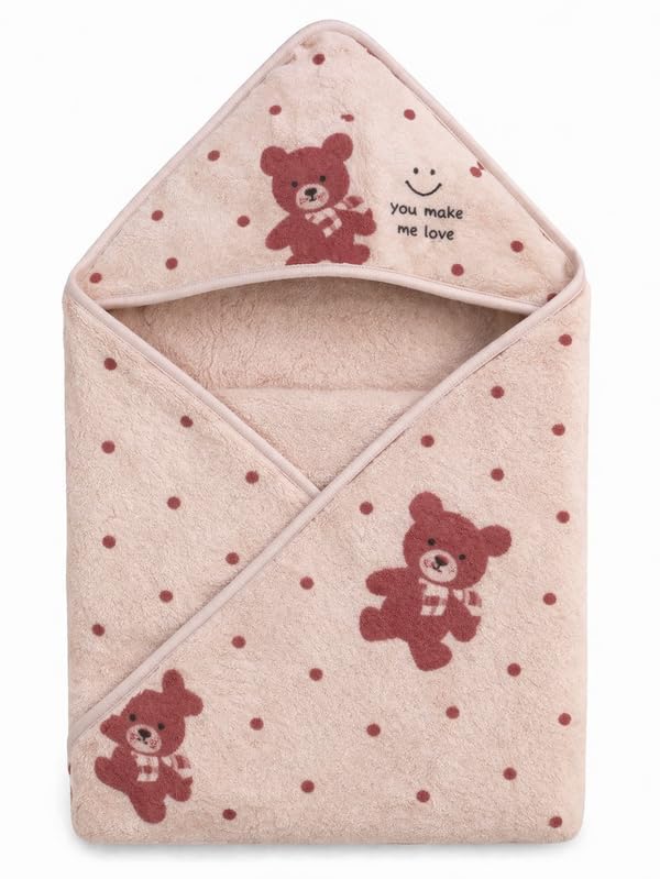 Khillayox Baby Hooded Bath Towel Wrap with Cute Teddy Bear Design, Ultra Soft & Absorbent Coral Fleece Blanket for Newborns & Infants, Quick Dry Cozy 70X70 CM. Mauve-image-48