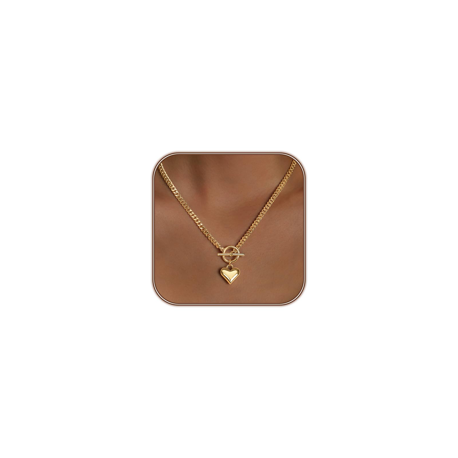Airmb Heart Necklace for Women Gold Plated 14K Chunky Cuban Chain Trendy Heart Choker Pendant Gold OT Toggle Hypoallergenic Fashion Locket Necklace Jewelry Love Gift for Women