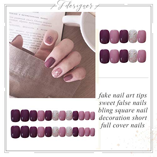 Fdesigner False Nails Shimmer Fake Nails Sweet Nail Art Accessories Acrylic Nail Tips Square Short Clip on Nails Glossy Nude Nail Decoration for Wedding Party Festival Prom (Glaring)