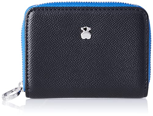 TOUS Monedero Mediano de Poliuretano con Efecto Saffiano en Negro y Azul, Cierre Presión y Cremallera, Medidas 11 x 8 x 3 cm, Bonito y Chic, Colección Dubai