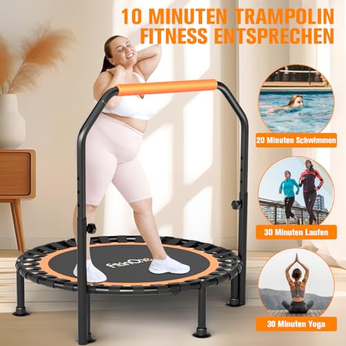 FitinOne 150KG Ø 101CM Faltbares Mini-Trampolin mit Bungee Bänder, 5-Fach Verstellbarer Schaumstoffgriff, Stabiler und leiser Fitness Indoor-Trampolin für Kinder und Erwachsene