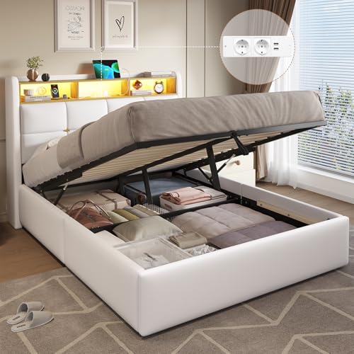DICTAC Lit Coffre 140 x 190 avec Lumières LED et Prise Cadre de Lit 140 x 190 avec Sommier et Rangement,lit 2 Personnes 140x190 avec Tete de Lits,Lits Rembourré en Lin...
