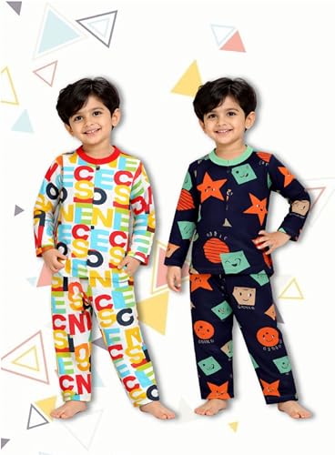 Image of 3BROS Kids Pure Cotton Night Suit Set | Boys Girls Printed Sleepwear Shirt & Pajama Clothing Combo | Soft Breathable Night Dress Outfit | Pack of 2