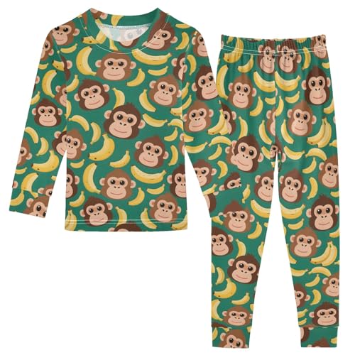 Cartoon Orangutan Prints Cute Pajama Sets Long Sleeve Top and Pants, Snug Fit Sleepwear for Night Wears