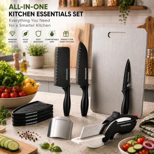 Image of Premium Kitchen Knife Set with Steel Board, Slicer Cutter & Finger Guard (6-Pcs Set) | Black Coated Blade with Cover | Kitchen Knives Cutting Set for Vegetable, Fruit & Daily Cooking