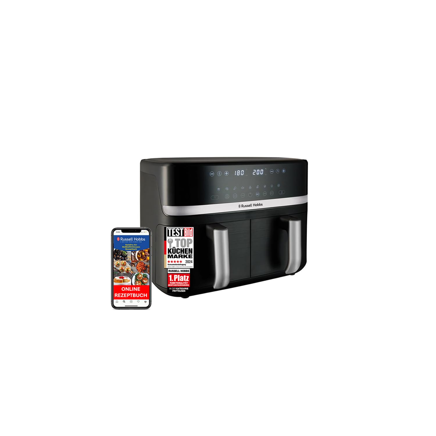 Russell Hobbs Heißluftfritteuse 2 Kammern 9L Rapid AirFryer [2 Fächer je 4,5l, sehr leiser Betrieb, 9 Programme] SatisFry Fritteuse (spülmaschinenfest, Match & Synchronisierungsfunktion) 27681-56