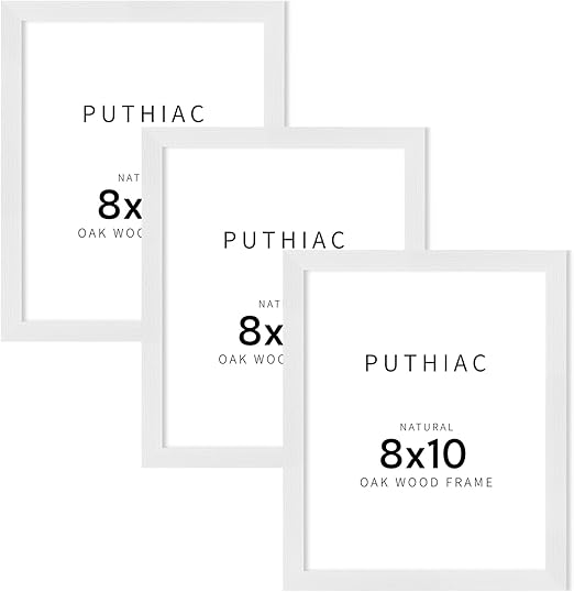 puthiac 8x10 White Oak Wood Picture Frame -8"x10" Frame Wood, 8"x10" Natural Solid Wood Poster Frames for Wall Art Photo and Prints (3 Pack, White)