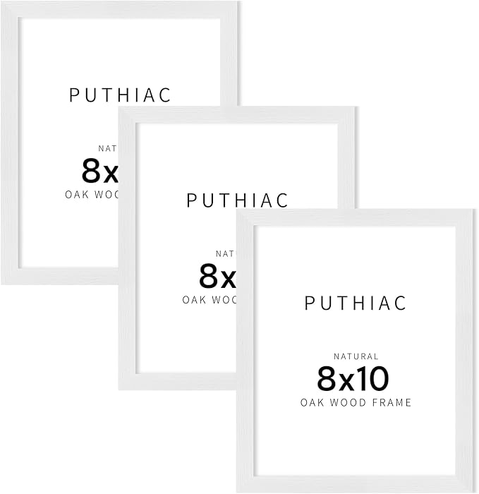 puthiac 8x10 White Oak Wood Picture Frame -8"x10" Frame Wood, 8"x10" Natural Solid Wood Poster Frames for Wall Art Photo and Prints (3 Pack, White)