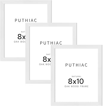 puthiac 8x10 White Oak Wood Picture Frame -8"x10" Frame Wood, 8"x10" Natural Solid Wood Poster Frames for Wall Art Photo and Prints (3 Pack, White)
