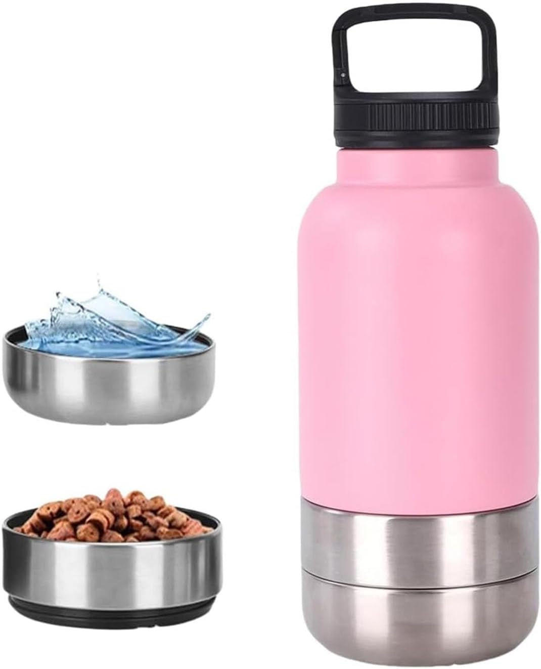 Dog Water Bottle 3-in-1 Stainless Steel Insulated Puppy Water Bottle with Detachable Food Bowl & Water Bowl for Walking Travel Camping Hiking(Pink 950ml)