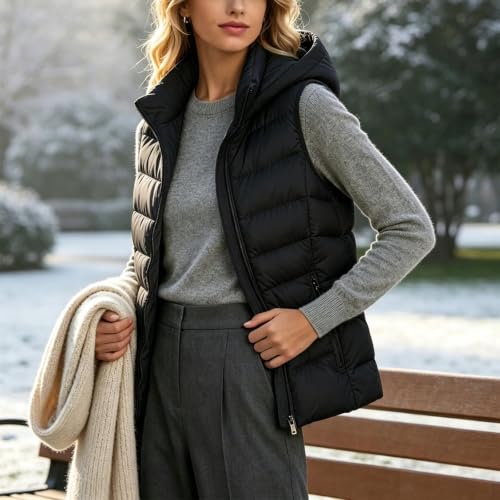 Puffer Vest Women Lightweight Quilted Sleeveless Zip Up Hooded Jacket Black - image 3