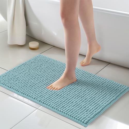 FRESHMINT Thick Chunky Chenille Bathroom Rug, Aqua Blue, 20"x32"