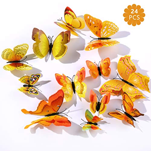 3D Butterfly Wall Sticker Decoration 24 Pieces, Removable Artificial Window Decals, Waterproof Butterfly Wall Decors for Party, Home, Living Room, Bedrooms, Birthday, 4 Sizes, Blue/Pink/Yellow (Yellow)