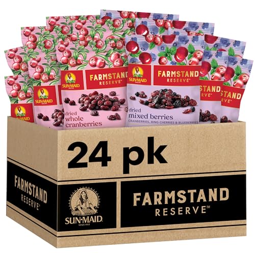 Image of Sun-Maid Farmstand Reserve 24 Count Variety Pack - 0.8 oz Snack Bag | (12) Whole Dried Cranberries and (12) Dried Mixed Berries (Amazon Exclusive)