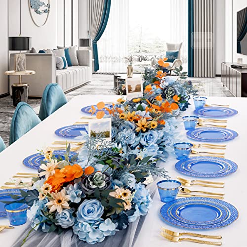Nervure 150PCS Clear Blue Plastic Plates - Gold Party Plates - Blue and Gold Dinnerware Set Include: 50 Disposable Plate, 25Cups, 25Forks, 25Knives, 25Spoons for Wedding & Party & Hanukkah