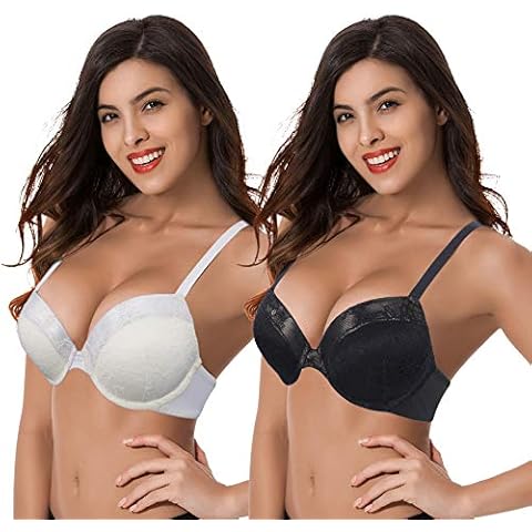 Curve Muse Women's Plus Size Add 1 and a Half Cup Push Up Underwire Lace Bras -2PK-Black,Cream-44C (EU:100C) Cover