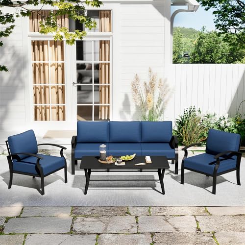 Image of Aluminum Patio Furniture Set with Rectangular Coffee Table, 5 Seats Outdoor Patio Conversation Sets w /5.1 inch Cushions,Patio Conversation Sets for Garden, Backyard, Porch-Navy