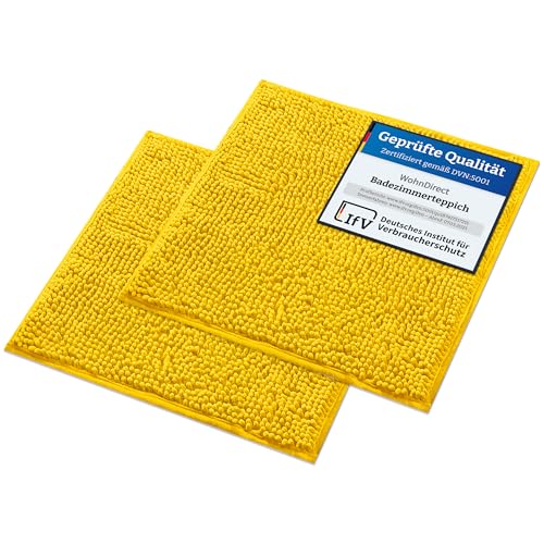 WohnDirect Badematten Set 2 teilig - Gelb 45 x 45 cm - rutschfest & Waschbar - Badvorleger, Badezimmerteppich, WC Vorleger