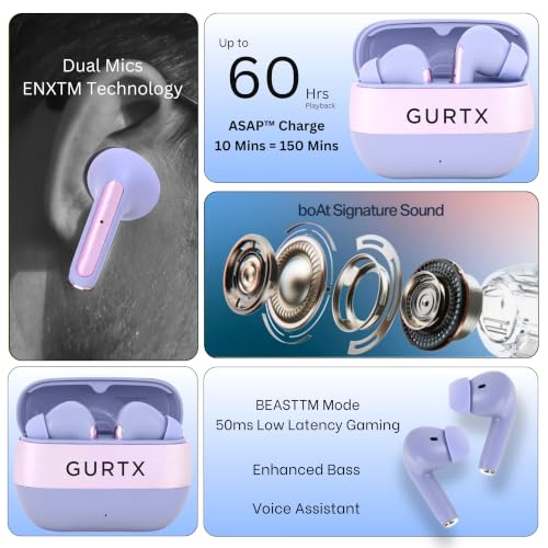Image of Earbuds Wireless with 60H Playtime, Noise Isolation & Clear Calls, Bluetooth with Voice Assistant, Ear Buds with Bluetooth V 5.3 & with Type C Fast Charging, IPX4 TWS Earphones Purple Colour
